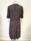 BRORA DARK GREY, GREEN & PURPLE FLORAL PRINT WOOL BLEND TEA DRESS SIZE 12