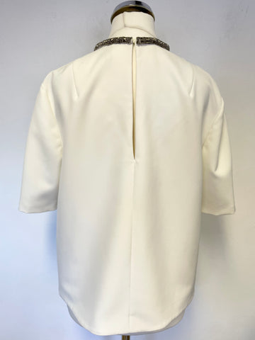 WHISTLES IVORY & PEWTER BEADED NECKLINE SHORT SLEEVE TOP SIZE 10