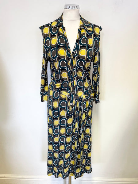 HOBBS BROWN,MUSTARD & GREEN PRINT TIE WAIST 3/4 SLEEVED TEA DRESS SIZE 14