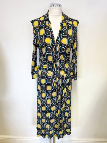 HOBBS BROWN,MUSTARD & GREEN PRINT TIE WAIST 3/4 SLEEVED TEA DRESS SIZE 14