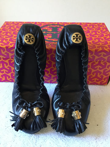 TORY BURCH REESE BLACK LEATHER BALLERINA FLATS SIZE 3.5/36