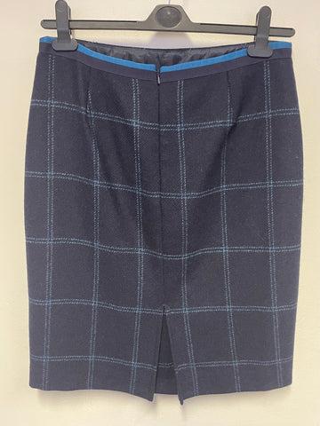 HOBBS NAVY BLUE & TURQUOISE CHECK 100% WOOL MOON TWEED STRAIGHT SKIRT SIZE 12
