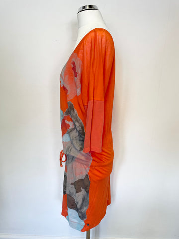 HUGO BOSS ORANGE PRINT DRAWSTRING WAIST SHORT SLEEVE SHIFT DRESS SIZE S