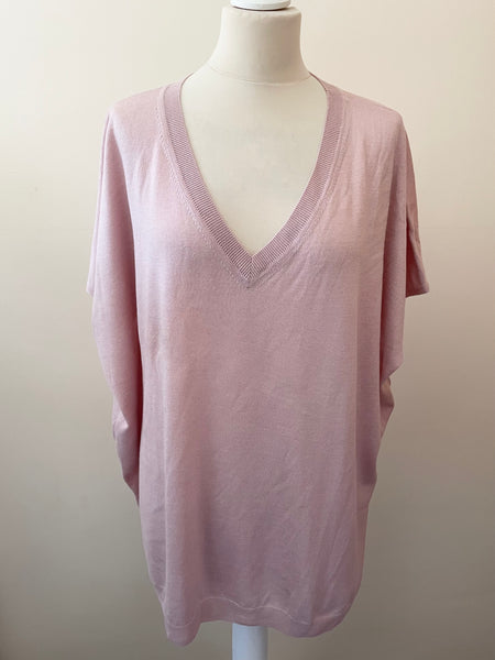 JAEGER LIGHT PINK OVERSIZED FINE KNIT WOOL & SILK SHORT SLEEVE TOP SIZE L