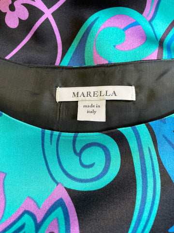 MARELLA BLACK & MULTICOLOURED PRINT 100% SILK TIE WAIST SHIFT DRESS SIZE 6/8
