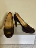 RUSSELL & BROMLEY AUBERGINE PEEP TOE PATENT LEATHER HEELS SIZE 6.5 / 39.5
