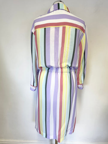 RIANI MULTI COLOURED PASTEL STRIPE 3/4 SLEEVE TIE WAIST SHIRT DRESS SIZE 14