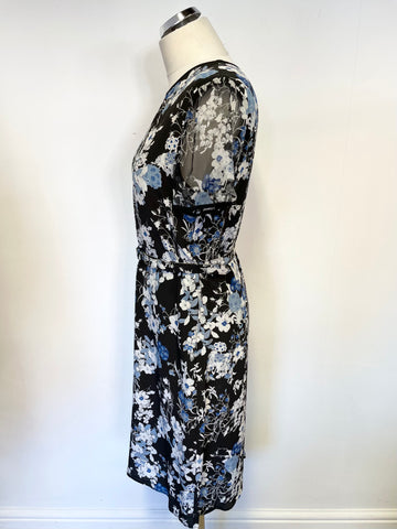 BRAND NEW ERDEM BLACK,BLUE & WHITE FLORAL PRINT SHORT SLEEVE SILK TEA DRESS SIZE 12