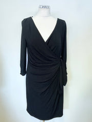 COAST BLACK JERSEY 3/4 SLEEVED WRAP ACROSS BODICE PENCIL DRESS SIZE 14