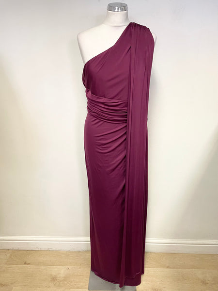 PHASE EIGHT CRANBERRY ONE SHOULDER SLEEVELESS DRAPED SASH LONG EVENING DRESS  SIZE 16