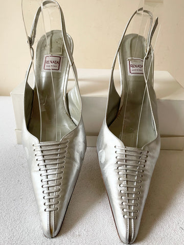 RENATA SILVER LEATHER POINTED TOE SLINGBACK HEELS SIZE 7.5/41