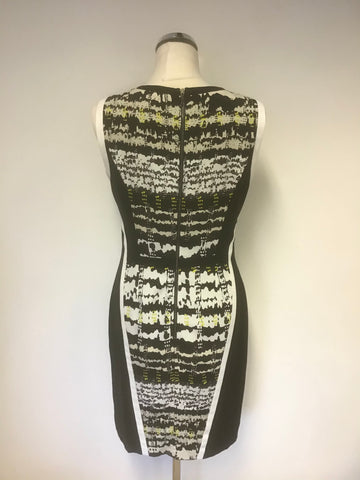 COAST BLACK,WHITE & YELLOW PATTERN PANELLED PENCIL DRESS SIZE 10