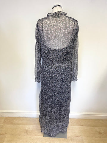 NEO NOIR SILO BLACK, GREY & PINK DITSY FLORAL PRINT LONG SLEEVED MAXI DRESS SIZE S