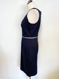 NOUGAT NAVY BLUE WITH WHITE BOW TRIM SLEEVELESS PENCIL DRESS SIZE 3 UK 12