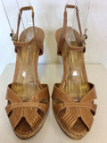 DKNY TAN LEATHER WITH CORK SHAPED WEDGE HEEL SANDALS SIZE 3.5/36