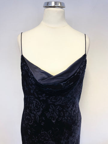 MONSOON MIDNIGHT BLUE FLORAL EMBOSSED VELVET SLEEVELESS LONG OCCASION DRESS SIZE 12