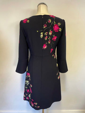 HOBBS NAVY BLUE FLORAL PRINT 3/4 SLEEVES A LINE DRESS SIZE 10