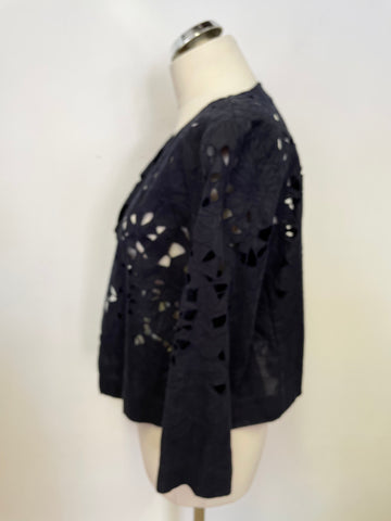 HOBBS NAVY BLUE LAZER CUT OUT FLORAL PATTERN CROPPED COTTON JACKET SIZE 14