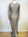 BRIGITTE BARDOT SILVER LUREX LONG SLEEVE LONG EVENING DRESS SIZE 0 UK 6/8