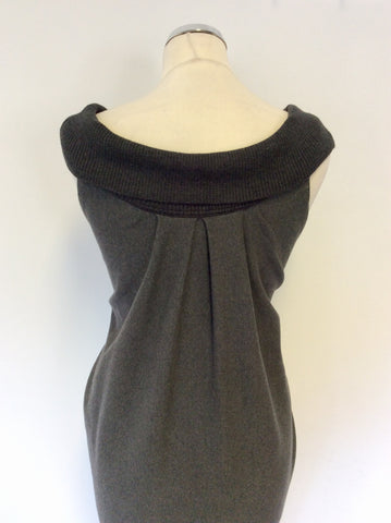 DONNA KARAN DARK GREY MERINO WOOL & SILK RIBBED COLLAR COTTON QUIRKY DRESS SIZE P UK 8