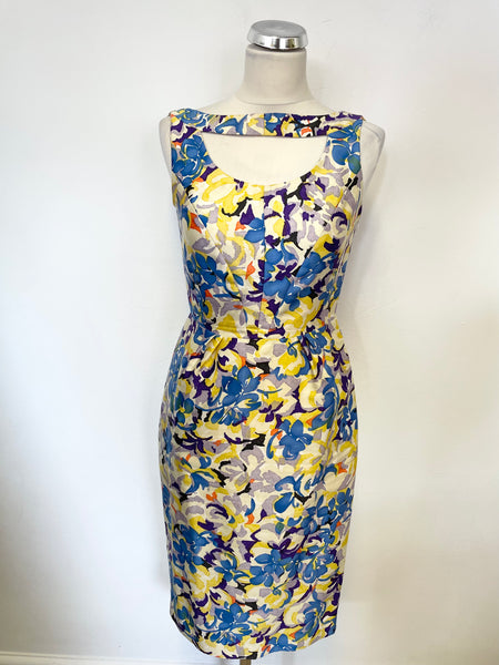 LK BENNETT MULTI COLOURED FLORAL PRINT CUT OUT NECKLINE SLEEVELESS PENCIL DRESS SIZE 8