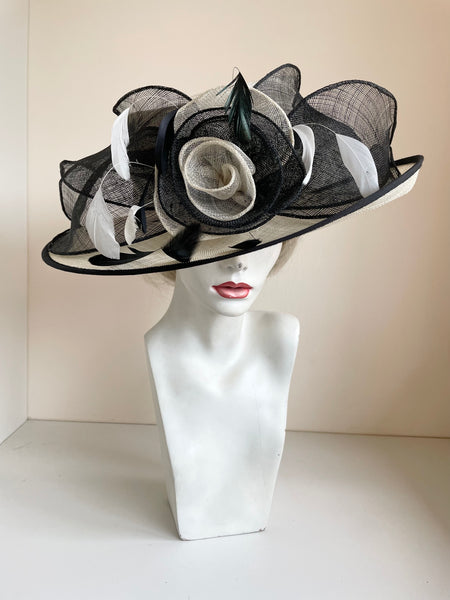 BRAND NEW MARKS & SPENCER CREAM & BLACK TRIM WIDE BRIM FORMAL HAT