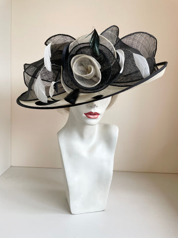 BRAND NEW MARKS & SPENCER CREAM & BLACK TRIM WIDE BRIM FORMAL HAT