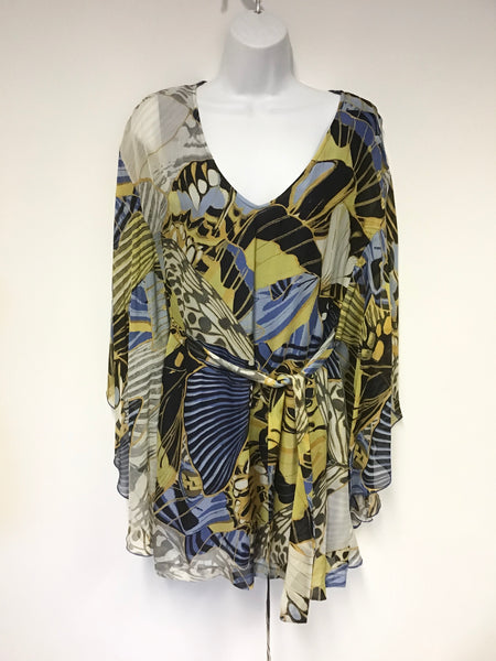 GUESS BY MARCIANO MULTI COLOURED PRINT SILK BATWING SLEEVE BELTED TUNIC TOP SIZE 40 UK 12