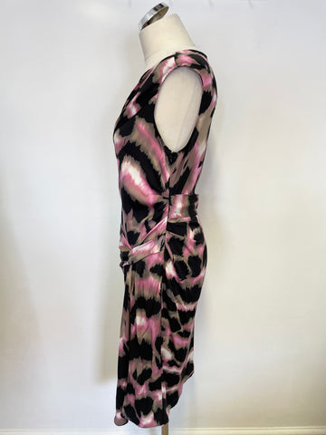 DIANE VON FURSTENBERG PINK,BLACK, BEIGE & IVORY PRINT SILK DRAPED PENCIL DRESS SIZE 12