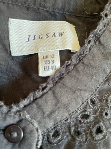 JIGSAW BLACK BROIDERY ANGLAISE BUTTON UP SHORT SLEEVE TOP SIZE 12