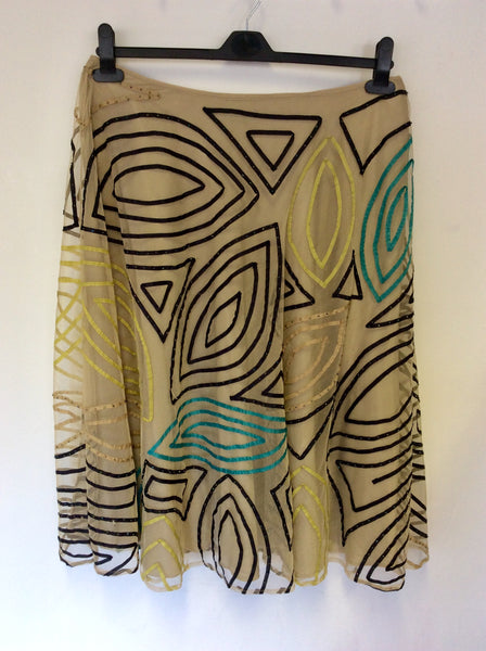 HOBBS BEIGE NET OVERLAY APPLIQUÉ & BEADED TRIM FLIPPY SKIRT SIZE 14