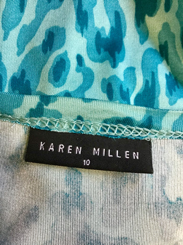 KAREN MILLEN SILK TURQUOISE ANIMAL PRINT 3/4 SLEEVE WRAP DRESS SIZE 10