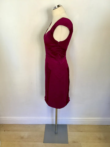 KAREN MILLEN WINE SATIN PANEL TRIM PENCIL DRESS SIZE 10