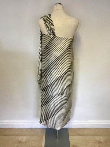 REISS IVORY & GREEN STRIPE SILK ONE SHOULDER DRAPE DRESS SIZE 8
