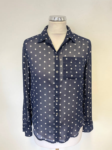 ABERCROMBIE & FITCH NAVY & WHITE SPOT COLLARED LONG SLEEVED BLOUSE SIZE XS