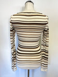 JIGSAW CREAM & BROWN STRIPE FITTED V NECK LONG SLEEVE JUMPER SIZE 1 UK 8/10