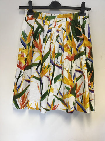 KAREN MILLEN WHITE & TROPICAL FLOWER PRINT KNEE LENGTH SKIRT SIZE 10