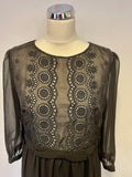 JAEGER BOUTIQUE BLACK BROIDERY ANGLAISE & EMBROIDERED BODICE 3/4 SLEEVE DRESS SIZE 14