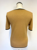 JAEGER CAMEL & BLACK TRIM SHORT SLEEVE WOOL BLEND JUMPER SIZE S