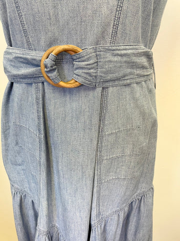 DESIGNER M.I.h JEANS LIGHT BLUE DENIM SLEEVELESS BELTED FIT & FLARE DRESS SIZE S