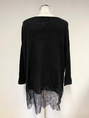 TWINSET ICONIC BLACK CASHMERE FINE KNIT & LACE HEM RELAXED FIT JUMPER SIZE L