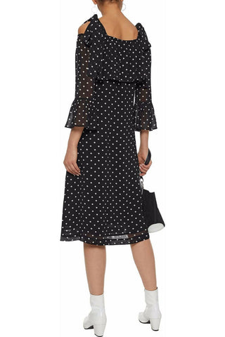 BRAND NEW GANNI BLACK & WHITE SPOT MONETTE GEORGETTE COLD SHOULDER MIDI DRESS SIZE 36 UK 10