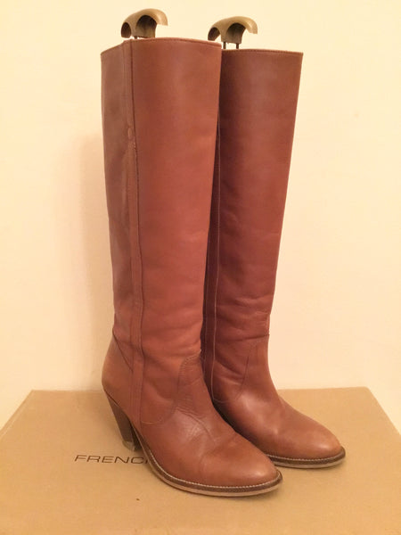 FRENCH CONNECTION KAMILA TAN LEATHER KNEE LENGTH BOOTS SIZE 5/38