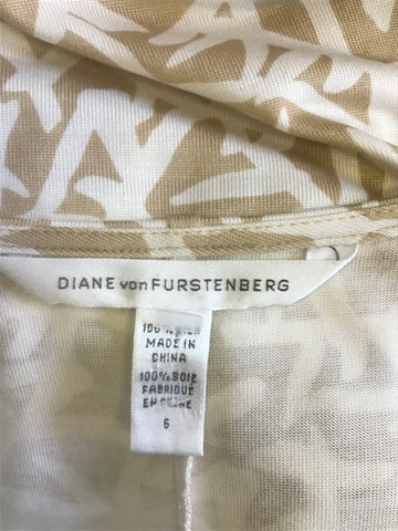 DIANE VON FURSTENBERG GOLD & IVORY PRINT SILK WRAP DRESS SIZE 6 UK 10