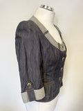 KAREN MILLEN DARK GREY DENIM & LIGHT GREY TRIM 3/4 SLEEVE FITTED JACKET SIZE 12