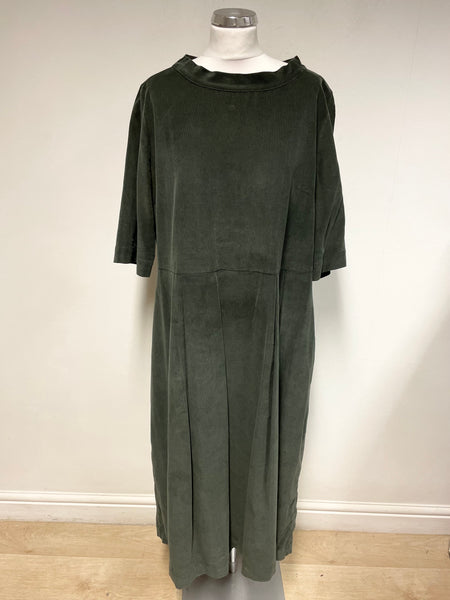 TOAST BOTTLE GREEN FINE CORDUROY HALF SLEEVE MIDI DRESS SIZE 18