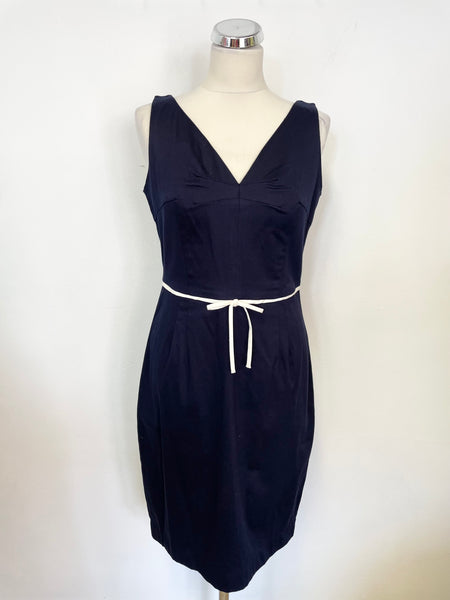 NOUGAT NAVY BLUE WITH WHITE BOW TRIM SLEEVELESS PENCIL DRESS SIZE 3 UK 12