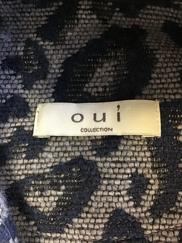 OUI COLLECTION LIGHT BROWN & NAVY BLUE ANIMAL PRINT ZIP UP JACKET SIZE 12