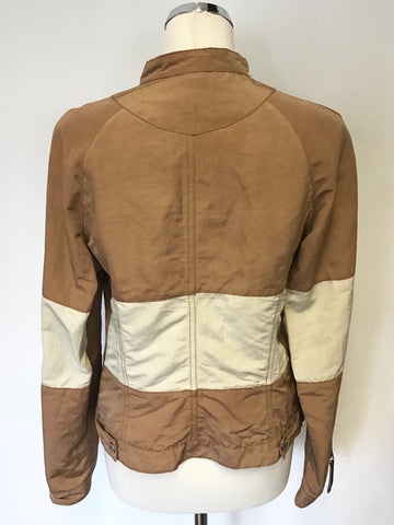 KRIZIA JEANS TAN & CREAM TRIM LIGHTWEIGHT ZIP UP JACKET SIZE 16 BUT FIT UK 12/14