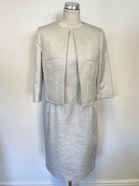 LK BENNETT STELLA SILVER METALLIC WEAVE PENCIL DRESS & MATCHING JACKET SIZE 12